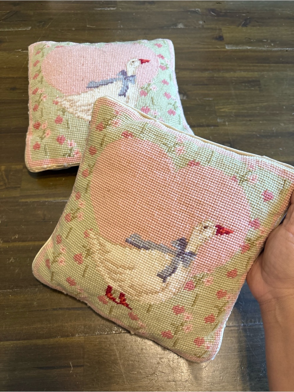 Vintage Miniature Throw Pillows Duck Goose Set Embroidered Needlepoint Handmade